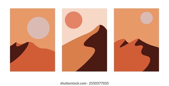 Conjunto de tres fondos de la naturaleza en estilo minimalista. Paisaje desértico. Ilustraciones de paisaje de montaña para la decoración de la pared, postal o folleto, diseño de la cubierta. Ilustración vectorial