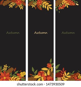 Set of three nature banners with colorful autumn leaves, flowers,
 berries, mushrooms. vector
