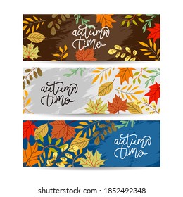 Set of three nature banners with colorful autumn leaves. vector illustration