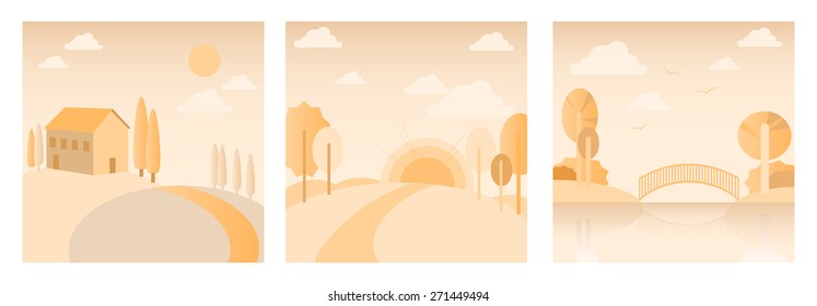 Set of three nature views representing different kinds of landscapes in warm colors