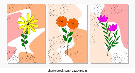 Set three of nature wall art. Flowers wall decor. Florals wall Decorations. Line art flowers home Decorations. 