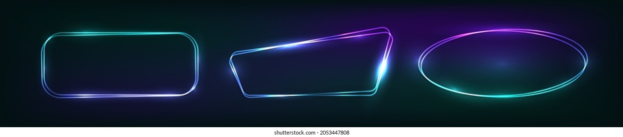 Set of three neon double frames with shining effects on dark background. Empty glowing techno backdrop. Vector illustration