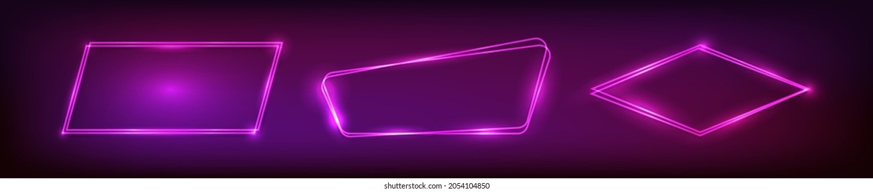 Set of three neon double frames with shining effects on dark background. Empty glowing techno backdrop. Vector illustration