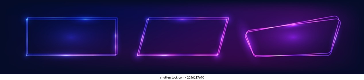 Set of three neon double frames with shining effects on dark background. Empty glowing techno backdrop. Vector illustration