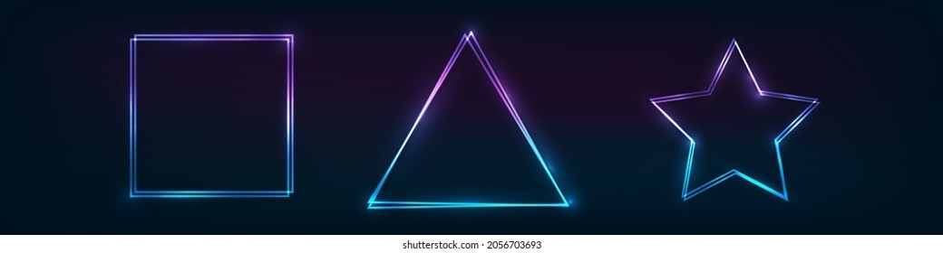 Set of three neon double frames with shining effects on dark background. Empty glowing techno backdrop. Vector illustration