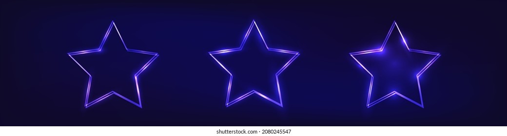 Set of three neon double frames in star form with shining effects on dark background. Empty glowing techno backdrop. Vector illustration