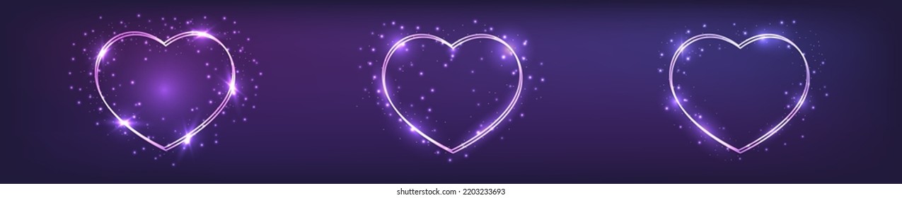 Set of three neon double frames in heart form with shining effects and sparkles on dark background. Empty glowing techno backdrop. Vector illustration
