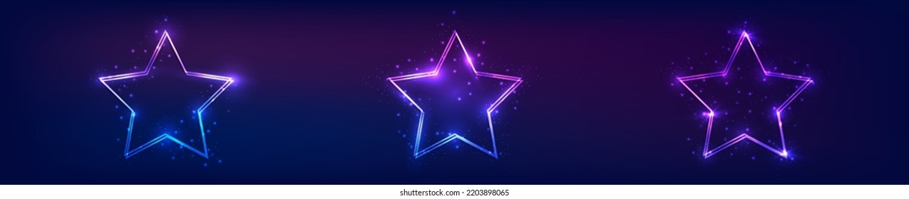 Set of three neon double frames in star form with shining effects and sparkles on dark background. Empty glowing techno backdrop. Vector illustration