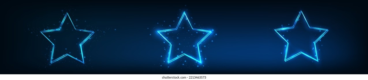 Set of three neon double frames in star form with shining effects and sparkles on dark background. Empty glowing techno backdrop. Vector illustration