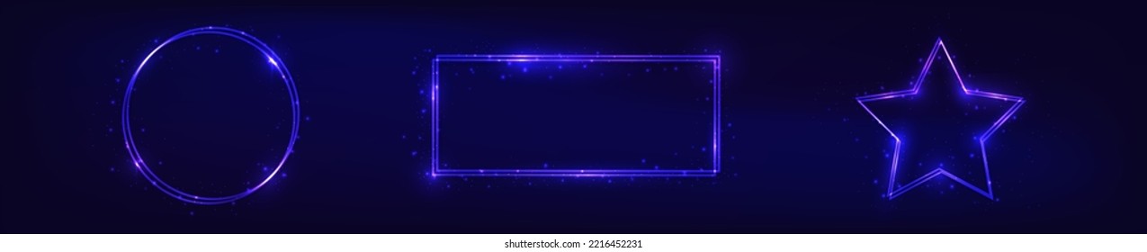 Set of three neon double frames with shining effects and sparkles on dark background. Empty glowing techno backdrop. Vector illustration