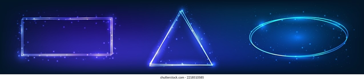 Set of three neon double frames with shining effects and sparkles on dark background. Empty glowing techno backdrop. Vector illustration