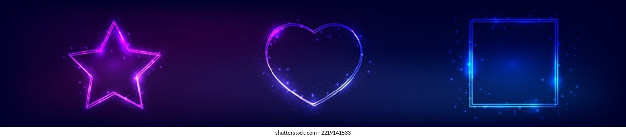 Set of three neon double frames with shining effects and sparkles on dark background. Empty glowing techno backdrop. Vector illustration