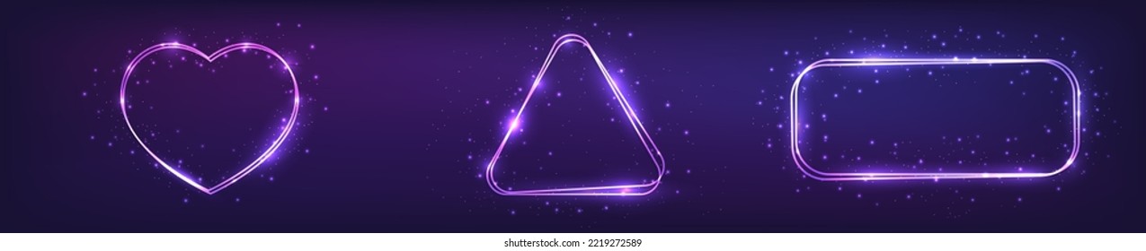Set of three neon double frames with shining effects and sparkles on dark background. Empty glowing techno backdrop. Vector illustration