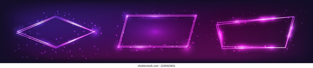 Set of three neon double frames with shining effects and sparkles on dark background. Empty glowing techno backdrop. Vector illustration