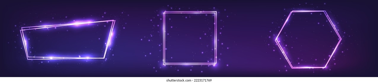 Set of three neon double frames with shining effects and sparkles on dark background. Empty glowing techno backdrop. Vector illustration
