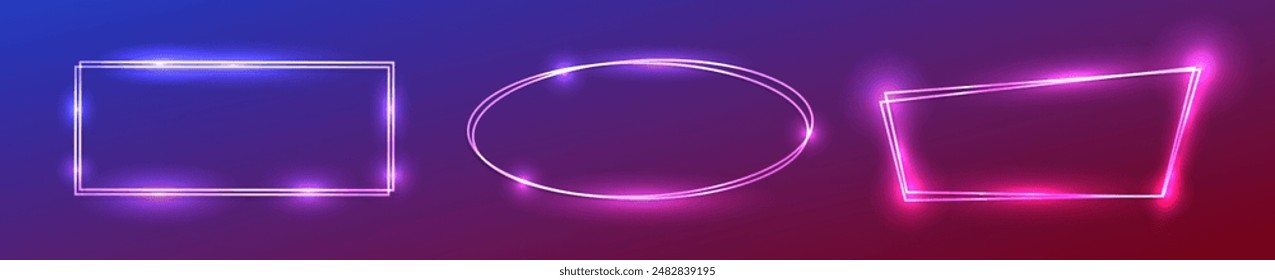 Set of three neon double frames with shining effects on purple background. Empty glowing techno backdrop. Vector illustration