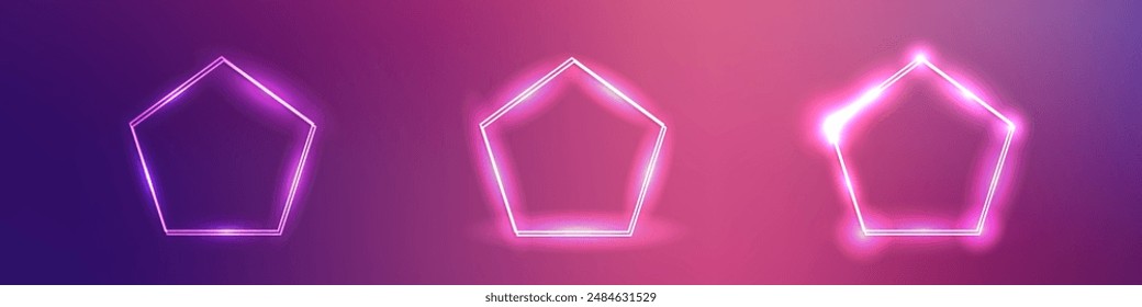 Set of three neon double frames in pentagon form with shining effects on dark purple background. Empty glowing techno backdrop. Vector illustration