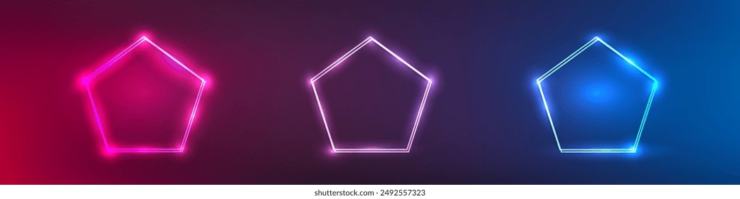 Set of three neon double frames in pentagon form with shining effects on dark purple background. Empty glowing techno backdrop. Vector illustration