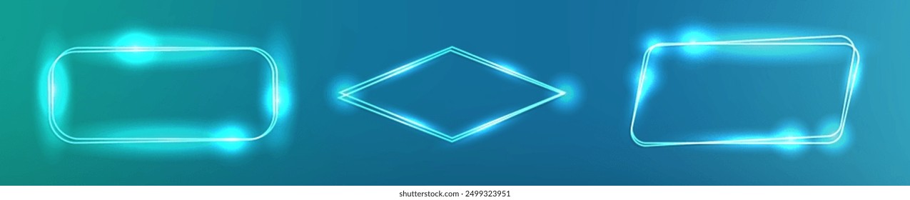 Set of three neon double frames with shining effects on dark green background. Empty glowing techno backdrop. Vector illustration