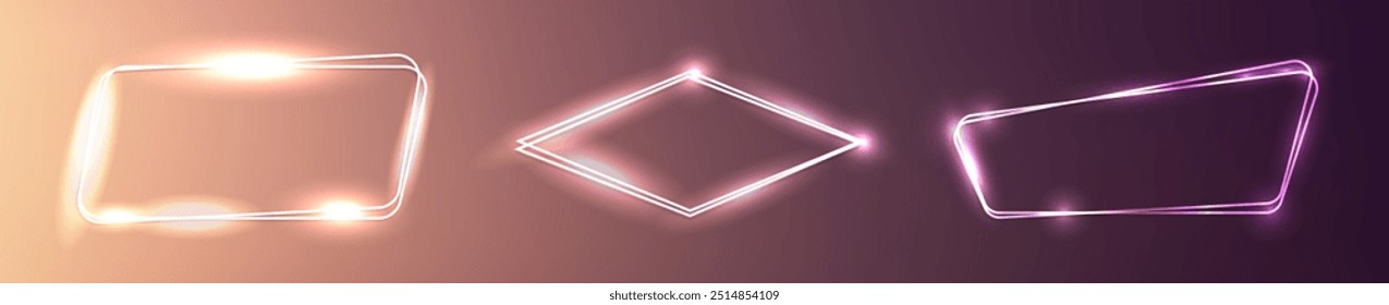 Set of three neon double frames with shining effects on dark background. Empty glowing techno backdrop. Vector illustration