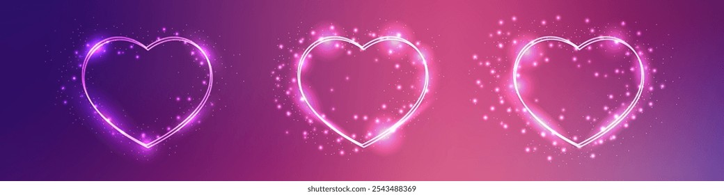 Set of three neon double frames in heart form with shining effects and sparkles on purple background. Empty glowing techno backdrop. Vector illustration