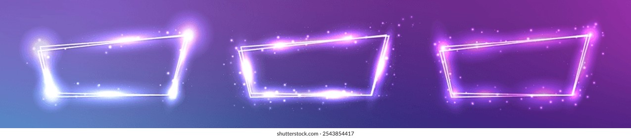 Set von drei Neon-Doppelrahmen mit glänzenden Effekten und funkelt auf violettem Hintergrund. Leere glühende Techno-Kulisse. Vektorgrafik