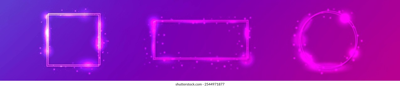 Set of three neon double frames with shining effects and sparkles on pink background. Empty glowing techno backdrop. Vector illustration
