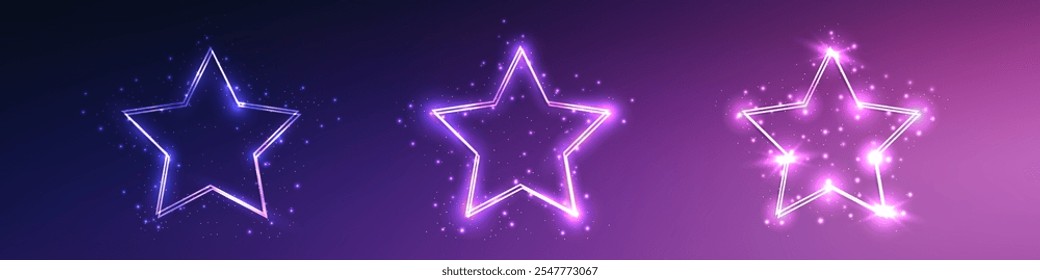 Conjunto de três quadros duplos de néon em forma de estrela com efeitos brilhantes e brilhos no fundo roxo. Fundo de tecno brilhante vazio. Ilustração vetorial