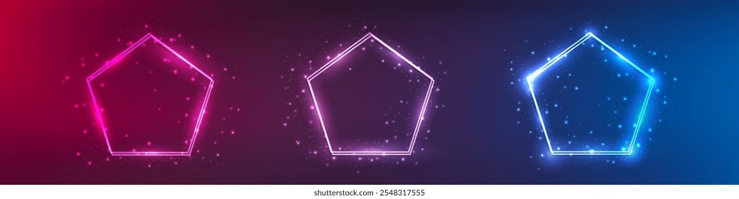 Conjunto de três quadros duplos de néon em forma de pentágono com efeitos brilhantes e brilhos no fundo roxo escuro. Fundo de tecno brilhante vazio. Ilustração vetorial