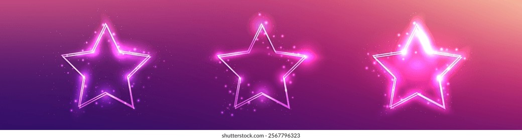 Set of three neon double frames in star form with shining effects and sparkles on purple background. Empty glowing techno backdrop. Vector illustration