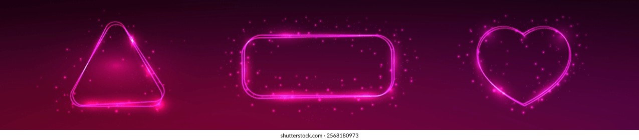 Set of three neon double frames with shining effects and sparkles on pink background. Empty glowing techno backdrop. Vector illustration