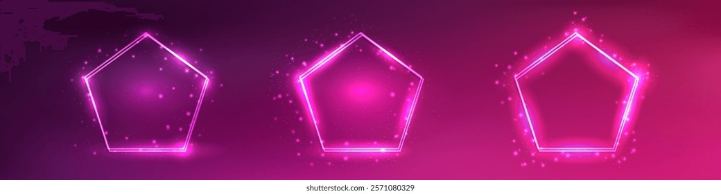 Set of three neon double frames in pentagon form with shining effects and sparkles on pink background. Empty glowing techno backdrop. Vector illustration