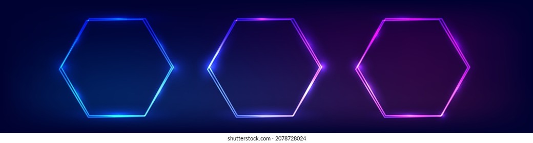 Satz von drei Neon-Doppelhexagonrahmen mit leuchtenden Effekten auf dunklem Hintergrund. Leere leuchtende Techno-Hintergrund. Vektorgrafik