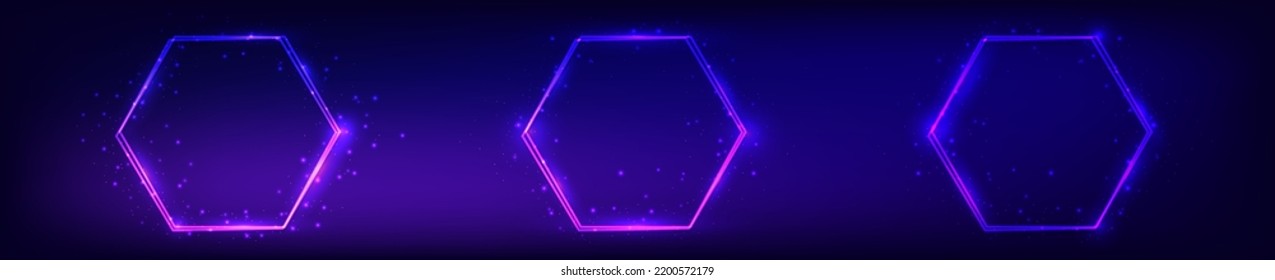 Set of three neon double hexagon frames with shining effects and sparkles on dark background. Empty glowing techno backdrop. Vector illustration