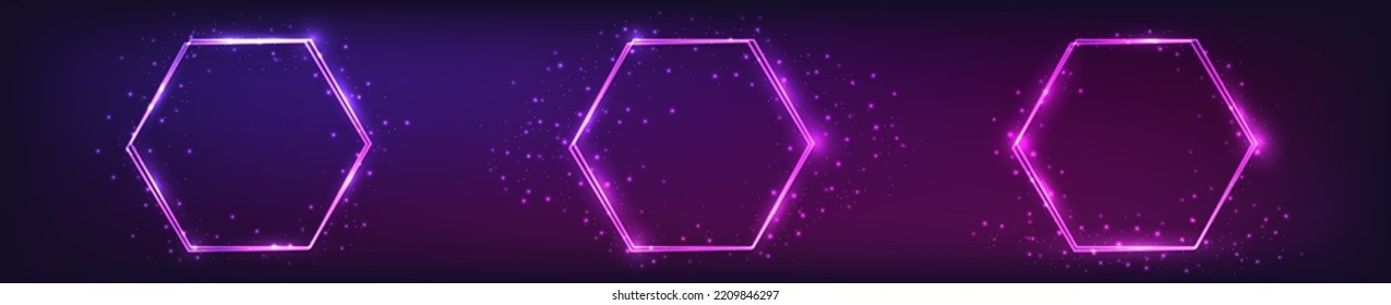 Set of three neon double hexagon frames with shining effects and sparkles on dark background. Empty glowing techno backdrop. Vector illustration