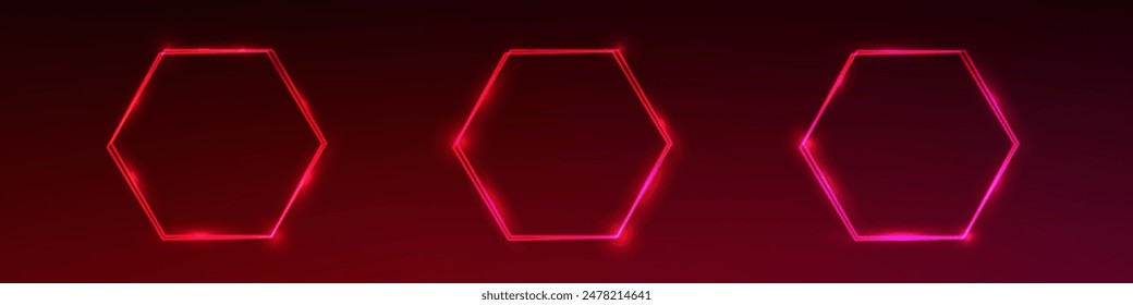 Set of three neon double hexagon frames with shining effects on dark red background. Empty glowing techno backdrop. Vector illustration