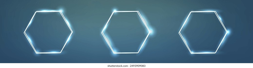 Set of three neon double hexagon frames with shining effects on dark background. Empty glowing techno backdrop. Vector illustration