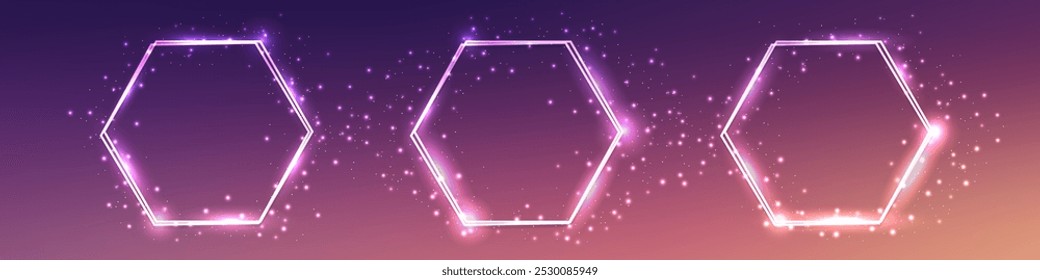 Conjunto de tres marcos de doble hexágono de neón con efectos brillantes y destellos sobre fondo marrón. Fondo techno brillante vacío. Ilustración vectorial