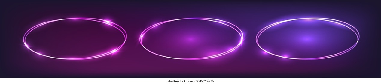 Conjunto de tres marcos ovales dobles de neón con efectos brillantes sobre el fondo oscuro. Fondo tecno brillante vacío. Ilustración vectorial.