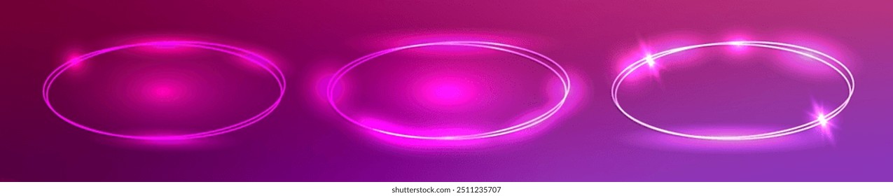 Set of three neon double oval frames with shining effects on pink background. Empty glowing techno backdrop. Vector illustration