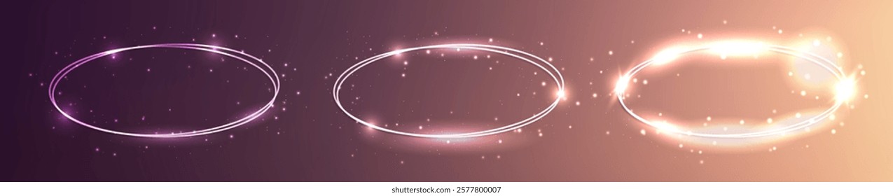 Set of three neon double oval frames with shining effects and sparkles on brown background. Empty glowing techno backdrop. Vector illustration