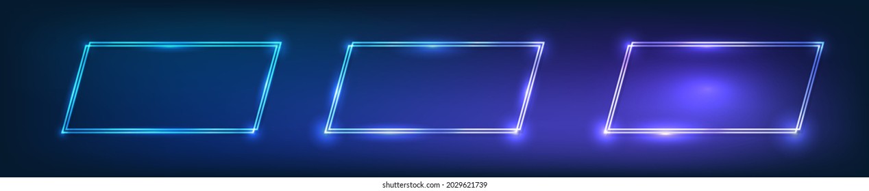 Set of three neon double rectangular frames with shining effects on dark background. Empty glowing techno backdrop. Vector illustration