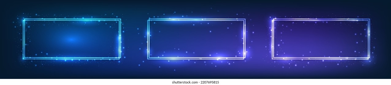 Set of three neon double rectangular frames with shining effects and sparkles on dark background. Empty glowing techno backdrop. Vector illustration