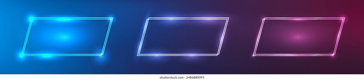 Conjunto de tres marcos rectangulares dobles de neón con efectos brillantes sobre fondo morado oscuro. Fondo tecno resplandeciente vacío. Ilustración vectorial