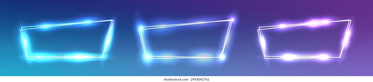 Set of three neon double rectangular frames with shining effects on blue background. Empty glowing techno backdrop. Vector illustration