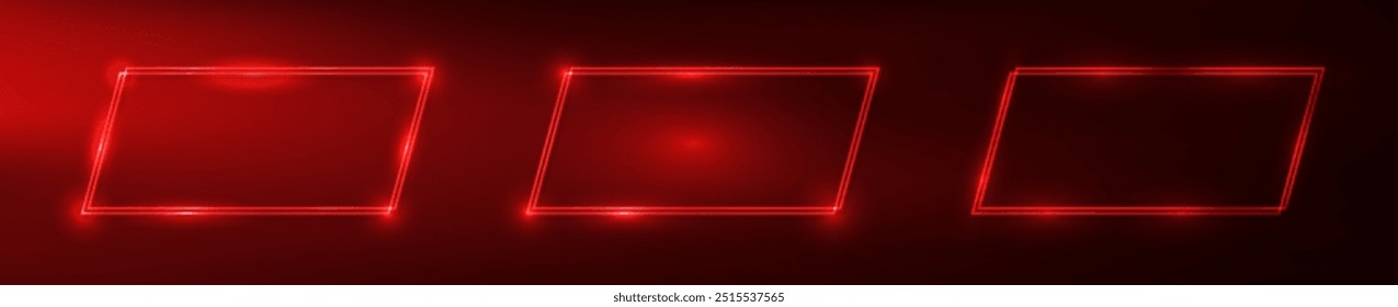 Set of three neon double rectangular frames with shining effects on dark red background. Empty glowing techno backdrop. Vector illustration