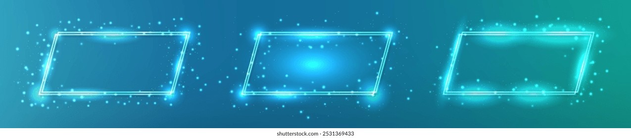 Set of three neon double rectangular frames with shining effects and sparkles on green background. Empty glowing techno backdrop. Vector illustration
