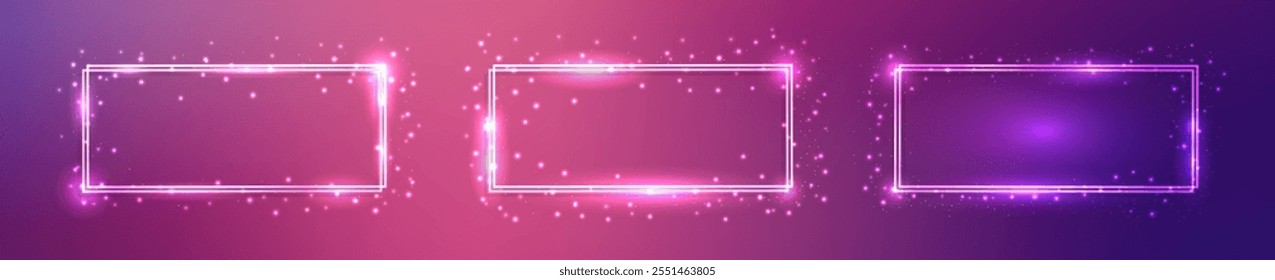 Set of three neon double rectangular frames with shining effects and sparkles on purple background. Empty glowing techno backdrop. Vector illustration
