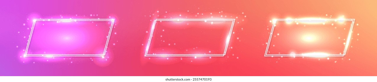 Set of three neon double rectangular frames with shining effects and sparkles on orange background. Empty glowing techno backdrop. Vector illustration