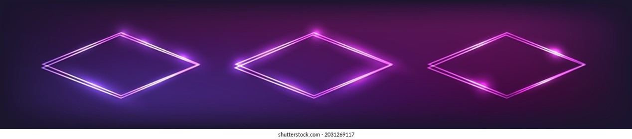 Set of three neon double rhombus frames with shining effects on dark background. Empty glowing techno backdrop. Vector illustration.